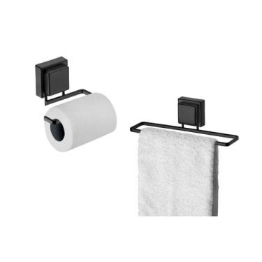 Imagem de kit lavabo banheiro preto fosco ventosa 02 peças Future porta toalha r