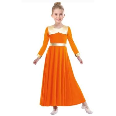 Imagem de ZYACTU Vestido de dança de louvor de manga comprida para meninas traje de dança litúrgico metálico fantasia lírica roupão de igreja, 02 - laranja, 13-14 Anos
