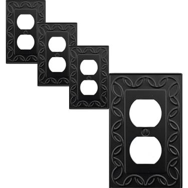 Imagem de OKAWYC Placa de cobertura de tomada dupla única, pacote com 4, placa de parede de metal preta NovaBloom, 1 Gang, capa de interruptor de luz, para interruptor de luz de receptáculo, placa decorativa de