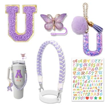Imagem de Conjunto de acessórios para copos Stanley para garrafas de água de 850 g e 1134 g, alça de alça, pingentes de letras, adesivo e cobertura de palha de borboleta (roxo)
