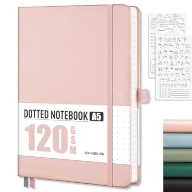 Imagem de AHGXG Caderno pontilhado – Caderno de grade de pontos, papel grosso sem ácido de 120 g/m2, caderno pontilhado A5, 160 páginas, capa dura de couro, bolso interno, estêncil de diário, 14 cm × 21 cm -