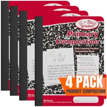 Imagem de 1InTheOffice Caderno de composição para crianças, caderno de composição para crianças, caderno de composição pautada ampla, cadernos infantis para escola, 100/folhas, vermelho/mármore, 19 cm x 24,8