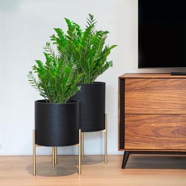 Imagem de ARNIS Vasos de plantas modernos, vasos grandes com suporte, conjunto de 2 vasos de metal para plantas com orifícios de drenagem para sala de estar, escritório, jardim ou varanda, 26 e 30 cm, preto