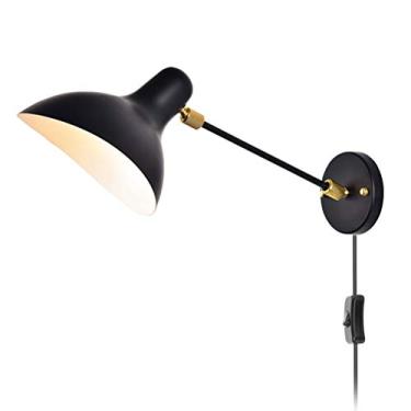 Imagem de Luminária de cama interna rústica ajustável de braço longo de metal, luminária de parede para leitura, cabo de 2,0 m para corredor, estudo, quarto, sala de estar, preta