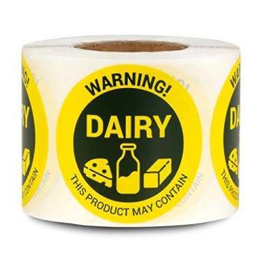 Imagem de 300 etiquetas, 1 rolo - Adesivos de aviso de alergia a laticínios (3,8 cm, ponto circular) contém etiquetas de laticínios para consultoria alimentar de alerta de alérgenos, embalagem de alimentos