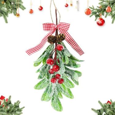 Imagem de Decoração de visco – Decoração de Natal de visco laço xadrez frutas vermelhas enfeites de bola de Natal, bola de beijo artificial folha seca decoração pendurada erva visco para árvore/porta