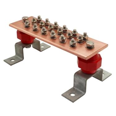 Imagem de Kit de barra de aterramento de cobre 1500A, barra de barramento de aterramento universal de 25,4 cm x 8 cm x 0,8 cm com isoladores de barramento de 2500V de material UL