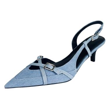 Imagem de QUTAA Sapatos femininos de ganga fechados, bico fino, fivela, salto baixo gatinho, casual, sexy, vestido de festa, sapatos escarpim, Jeans - azul, 38