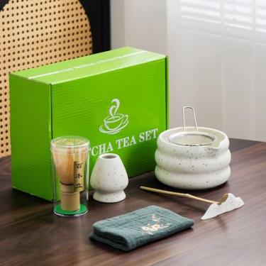 Imagem de DWEHIXBUY Conjunto de chá matcha japonês de 7 peças, kit matcha com tigela matcha (com bico para servir), batedor matcha, suporte para batedor, filtro - elegante conjunto matcha para present