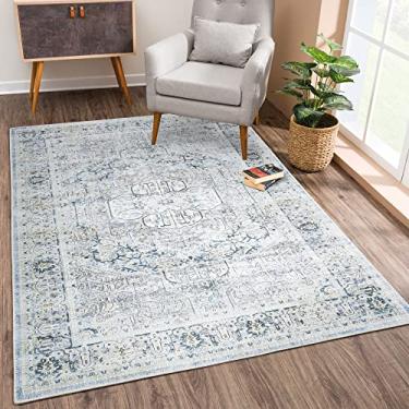 Imagem de Bloom Rugs Tapete lavável antiderrapante 1,2 m x 1,8 m - creme/azul claro/azul-petróleo, tapete medalhão tradicional para sala de estar, quarto, sala de jantar e cozinha - Tamanho exato: 1,2 m x 1,8 m