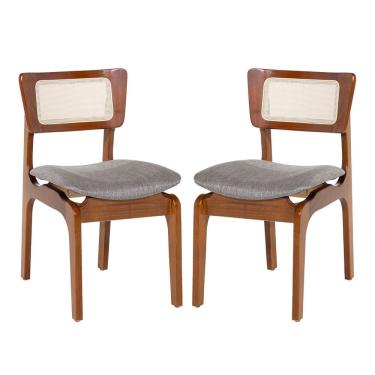 Imagem de Kit 2 Cadeiras de Jantar Portugal Madeira Imbuia com Encosto Tela Rattan Linho Cinza L55