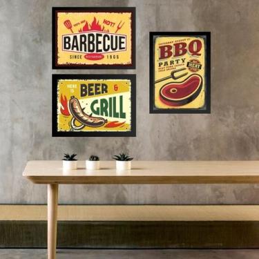 Imagem de Kit 3 Quadros Placas Vintage Churrasco 33x24cm - com vidro - Quadros O