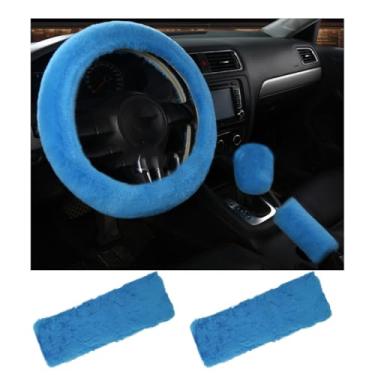 Imagem de Yourkar Conjunto de 5 capas de volante fofas, capa de volante de lã sintética, capa de freio de mão, capa de câmbio de marcha e 2 almofadas de ombro para cinto de segurança, acessórios universais para