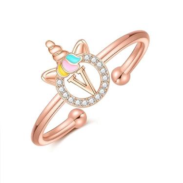 Imagem de CIVOKINA Anéis delicados de unicórnio com inicial para meninas, banhado a ouro 14 quilates/ouro rosa/prata para meninas, lindo anel infantil hipoalergênico, ajustável, com letras para presentes para