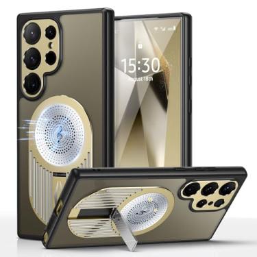 Imagem de JIAONASHIJIA Capa para Samsung Galaxy S22 Ultra com airbags à prova de quedas, forte absorção magnética, placa de resfriamento de grafeno à prova de impressões digitais, suporte ajustável e lente de