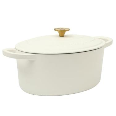 Imagem de Panela de barro artesanal forno holandês oval de 7 litros de ferro fundido com tampa - linho branco com puxador dourado