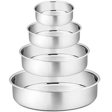 Imagem de Conjunto de formas de bolo – 10 cm, 15 cm, 20 cm, 24 cm, P&P CHEF 4 peças de formas redondas de aço inoxidável para forno/panela/lava-louças, resistente e não tóxico, acabamento espelhado e fácil de