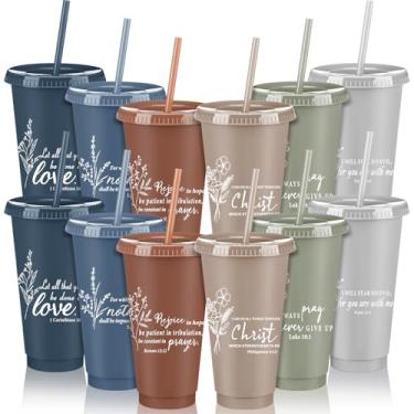 Imagem de Yetene 12 peças, presentes cristãos para mulheres, versículo bíblico, xícaras de café 680 g, copos de plástico religiosos com tampas de canudos, copos reutilizáveis, copo de igreja, presentes