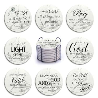 Imagem de Porta-copos para bebidas com versículos da Bíblia, conjunto de 8 porta-copos absorventes para decoração de mesa de café, presentes cristãos para decoração de casa