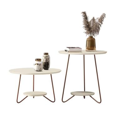 Imagem de Conjunto Kit Mesa Apoio e Centro Liz Sala de Tv Pés de Ferro Decoração Moderno Tampo Redondo - Offwhite