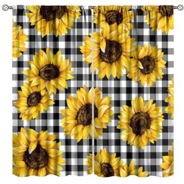 Imagem de Cortinas florais de girassol, quinta, preto, branco, quadriculado, bolso para varão, cortinas blackout para quarto, sala de estar, cozinha, café, decoração (L53 x C 114 cm) x 2 Dceor