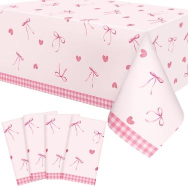 Imagem de WGXX 4 peças de toalha de mesa com laço rosa, tema de laço, plástico, descartável, retangular, impermeável, para mulheres, meninas, chá de bebê, decoração de festa