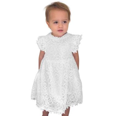 Imagem de Vestido Infantil Branco em Renda com Manga Curta Batizado