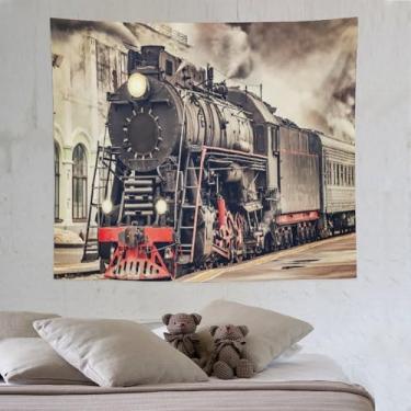 Imagem de Tapeçaria de trem antigo para pendurar na parede vintage motor a vapor industrial antigo ferroviário estrada estação de trem tapeçarias decoração de casa para sala de estar quarto apartamento fazenda