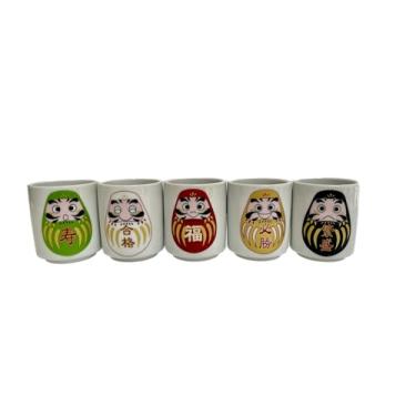 Imagem de j-pure hitomi Conjunto de copos de saquê de cerâmica japonesa Mino Ware Ochoko Guinomi 4 ml, conjunto de 5, feito no Japão (padrão Daruma)