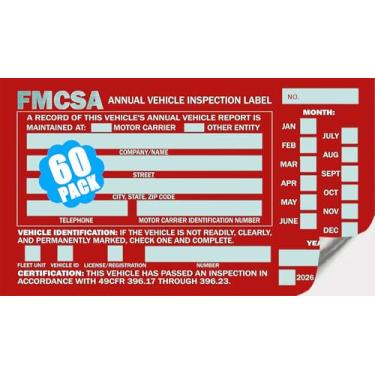 Imagem de CreativeInk Pacote com 60 etiquetas de inspeção anual do veículo, adesivos de inspeção anual FMCSA (vermelho), alumínio, autoadesivo permanente, atende aos requisitos DOT AVIR, 15 cm x 9 cm
