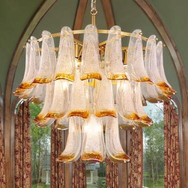 Imagem de TOCHIC Luminária De Lustre Moderna De Meados Do Século, Lustre De Vidro Âmbar Com Camadas Douradas Para Teto Alto, Grande Iluminação De Teto Pendente Floral Para Sala De Estar, Hall, Saguão, 30 Pol.