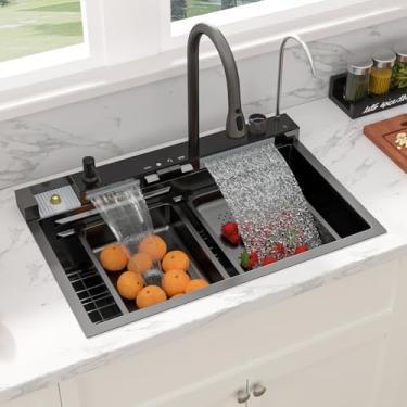 Imagem de Sarlai Pia de cozinha Waterfall - Pia de estação de trabalho de 76 cm com cascata preta de aço inoxidável calibre 16 multifuncional tigela única pia de cozinha inteligente com chaves mecânicas 76 x 48