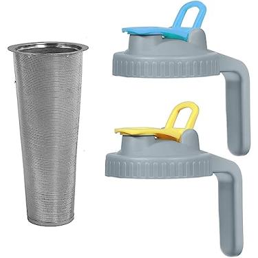 Imagem de Filtro de malha de aço inoxidável para coador de café - 2 litros (1,8 l) - 2 tampas de tampa de boca larga com alça para pote de vidro (azul e amarelo), adequado para bebida fria, limonada, chá gelado