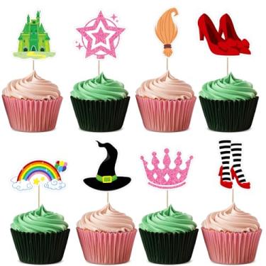 Imagem de 24PCS Pink and Green Cupcake Toppers Decorations Princess and Witch Themed Cupcake Toppers Exploding Star Broom Cake Picks Cake Decors for Halloween Witch Themed Birthday Party Baby Shower Supplies