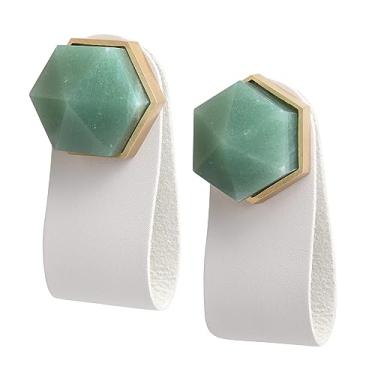 Imagem de SUNYIK Pacote de 2 maçanetas hexagonais para armário de ponta de cristal com parafusos de pedra polida puxador de gaveta puxadores decorativos com pingente de couro cinza, verde Adventurine