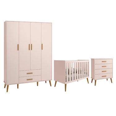 Imagem de Dormitório Infantil Isis Guarda Roupa 4 Portas, Cômoda e Berço - Reller Móveis Rosa