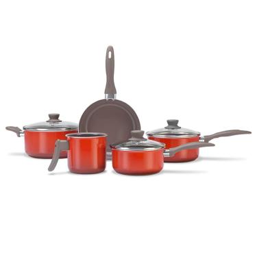 Imagem de Conjunto 5 panelas revestimento cerâmica e estrutura em alumínio cor laranja