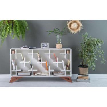 Imagem de Estante Retrô Pequena Para Livros Com Pés De Madeira Taeda Branco Hori