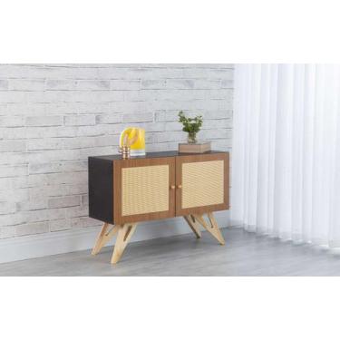 Imagem de Balcão Buffet Mdf Preto Pés Taeda 2 Portas Freijó E Palhinha Retrô Fre