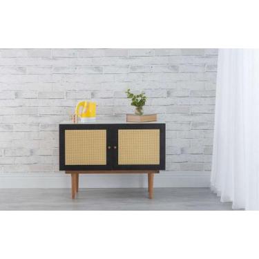 Imagem de Balcão Buffet Pés Palito Madeira Pequeno 2 Portas Mdf E Palhinha Estil