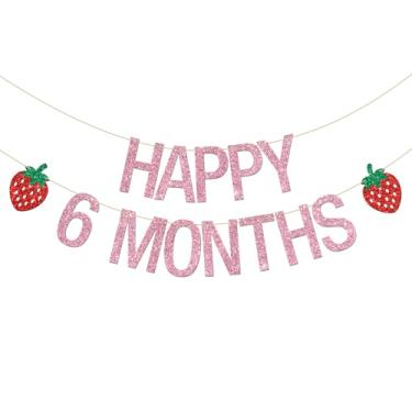 Imagem de Faixa Happy 6 Meses, Fruta, Morango, Chá de Bebê, Bandeira, Suprimentos de Decoração de Festa de Aniversário de 6 Meses, Glitter Rosa