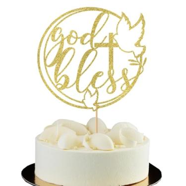 Imagem de God Bless Cake Topper with Dove,Baptism Cake Topper,Glitter Gold First Communion, Religious Baptism, Baby Shower Party Child Dedication Keepsake Decorations