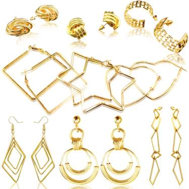 Imagem de 9 pares de brincos femininos de simplicidade geométrica, conjunto de brincos com borla geométrica de ouro boho, CM, Liga de aço, no es una piedra preciosa