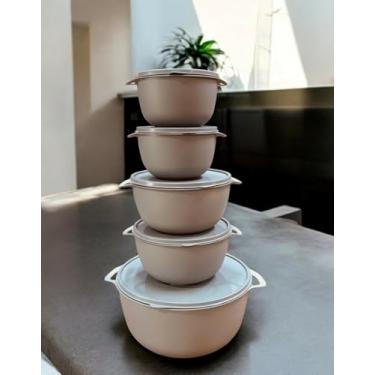 Imagem de Kit 5 Potes Plastico Redondos Bowl Livre Bpa 3 Tamanhos, Vasilha com Tampa (Bege)