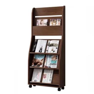 Imagem de Porta-jornais de chão Rack de revista de madeira material promocional rack de exibição de folheto prateleiras da sala de estudo piso jornal rack de armazenamento com rodas Porta-revistas de chão