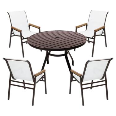 Imagem de Conjunto de Móveis Área Externa, 4 Cadeiras Piscina Tela Sling e Mesa Ripada Redonda Alumínio Nossa Kasa (Branco)
