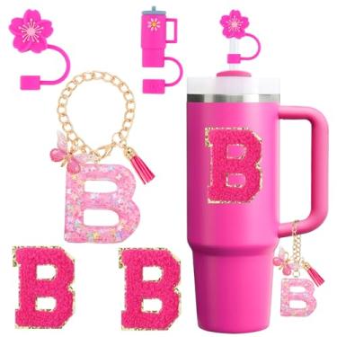 Imagem de QUNNDY Conjunto de acessórios para copo Stanley Cup 850 g 1,134 g copo com alça, incluindo tampa de cobertura de palha de silicone, pingente de alça, adesivo de iniciais fúcsia (B)