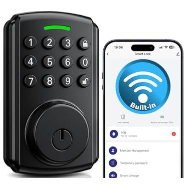 Imagem de Fechadura de porta de entrada sem chave | Fechadura inteligente WiFi integrada para porta da frente | Controle remoto de aplicativo, sem necessidade de ponte | IP65 à prova d'água