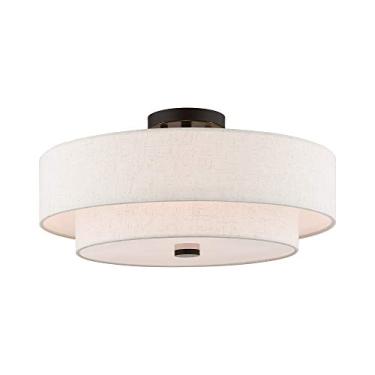Imagem de Livex Lighting 51085-92 Luminária de teto com 4 lâmpadas semi embutidas com tecido colorido de aveia e difusor de tambor de fundo duro e branco acetinado, bronze inglês