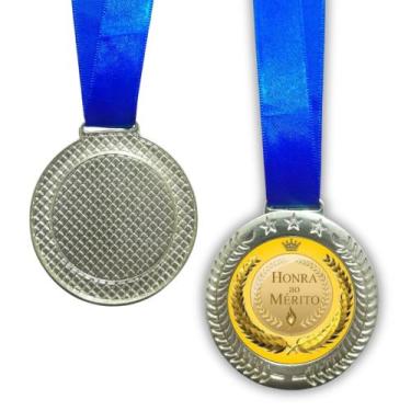 Imagem de 5 Medalhas Honra ao Mérito, Dourada Brilhante, 60mm, com Fita Azul de 